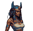 This pixel art portrait captures the regal beauty of an Egyptian-inspired woman with an elaborate headdress and jewelry. The rich color palette and detailed pixelation evoke a sense of ancient majesty and exotic elegance.