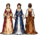 Three pixelated figures showcase elaborately designed historical or fantasy gowns, each adorned with rich colors, golden embroidery, and subtle accessories. The elegant dresses, presented against a stark black backdrop, evoke a sense of nobility and craftsmanship.