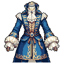 This pixel art showcases an ornate, historical-fantasy coat with lavish ruffles and golden embroidery against a stark background. The headless torso emphasizes the garment's intricate details, evoking a sense of aristocratic elegance and craftsmanship.