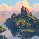 This pixel art depicts a craggy, sunlit mountain island dotted with small dwellings, rising from calm waters. A lone boat drifts near the shore, while distant mountains fade into a hazy, pastel sky, creating a serene and nostalgic scene.