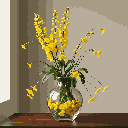 This pixel art image features a vibrant vase of bright yellow flowers, their cheerful blooms creating a striking contrast against the simple setting. The transparent vase and scattered petals add a touch of realism to the charmingly retro still life.