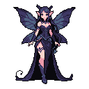 This pixel art depicts a serene dark fairy or elf with delicate insectoid wings, adorned in an elegant gown with subtle, ethereal details. Her gentle expression and cool color palette evoke a sense of quiet mysticism and melancholic beauty.