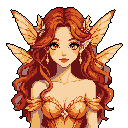 This pixel art portrait captures a beautiful fairy or elf with flowing reddish-brown hair, delicate wings, and a serene expression. Against a stark black background, her warm color palette and gentle gaze create an enchanting and mystical aura.