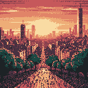 A tranquil pixel art cityscape, bathed in the warm hues of sunrise or sunset, showcases a dense collection of skyscrapers framed by foreground trees. The wet road reflects the vibrant sky, creating a serene urban vista.