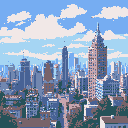 This pixel art showcases a serene cityscape with towering skyscrapers rendered in a calming pastel palette under a partly cloudy sky. The tallest building with a spire stands prominently, adding to the bustling yet peaceful urban scene.