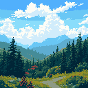 Pixel art captures a tranquil mountain vista with a winding path, lush vegetation, and distant, layered peaks fading into a misty sky. Pops of red flowers accent the otherwise cool, natural color palette, creating a peaceful and nostalgic scene.