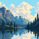 This pixel art showcases a serene mountain landscape with a reflective lake mirroring the sky and surrounding peaks. The tranquil scene evokes a sense of peace and immersion in nature through its detailed pixelated textures and balanced composition.
