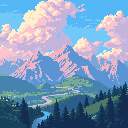 This pixel art captures a tranquil mountain landscape with jagged peaks, a winding river valley dotted with a small village, and a sky filled with pastel-colored clouds. The serene scene evokes a sense of quiet beauty and untouched nature.