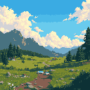 A peaceful pixel art landscape showcases rolling green hills nestled in a valley between distant mountains. Small houses dot the scene, implying human presence amidst the serene natural beauty under a bright, cloudy sky.