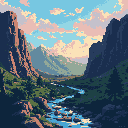 A serene pixel art image captures a majestic mountain valley with a winding river, towering rock formations, and lush greenery under a pastel-colored sky. The expansive vista evokes a sense of tranquility and the grandeur of nature.