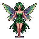 This pixel art image features a smiling, green-clad fairy with vibrant green hair and stunning iridescent wings. She stands against a black background with an open and welcoming pose, radiating magic and lightheartedness.