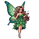 A pixel art fairy with leaf-dress and butterfly wings stands gracefully with a gentle smile, inviting viewers into her whimsical world. Her reddish-brown hair is adorned with leaves, emphasizing her connection to nature against a void of black. The vibrant greens and earthy tones create an enchanting and peaceful vibe.