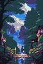 A solitary figure stands on a reflective, flooded path in this pixel art scene, seemingly lost in thought. The serene landscape, framed by trees and soft lighting, evokes a peaceful yet melancholic mood.