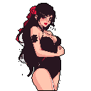 This pixel art features a woman with dark hair and red ribbons, glancing back with a subtle smile. Rendered in a muted palette, her black swimsuit and simple design create an alluring and focused image.