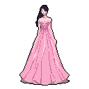 This pixel art portrait depicts an elegant woman in a flowing pink gown, her graceful pose and soft colors conveying a sense of serenity. The figure's dark hair and delicate accessories accent the otherwise pastel color scheme, creating a refined and somewhat ethereal aesthetic.