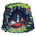 This pixel art showcases a cozy isometric view inside a cave dwelling, carved into a rocky hillside, implying a solitary occupant's peaceful retreat. The dwelling features a comfortable bed, campfire, and glowing crystal, creating a vibe of rustic adventure and sanctuary.