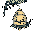 This pixel art piece showcases a solitary, straw beehive hanging from a branch against a stark background. The muted colors and simple design evoke a sense of quiet solitude and natural beauty.