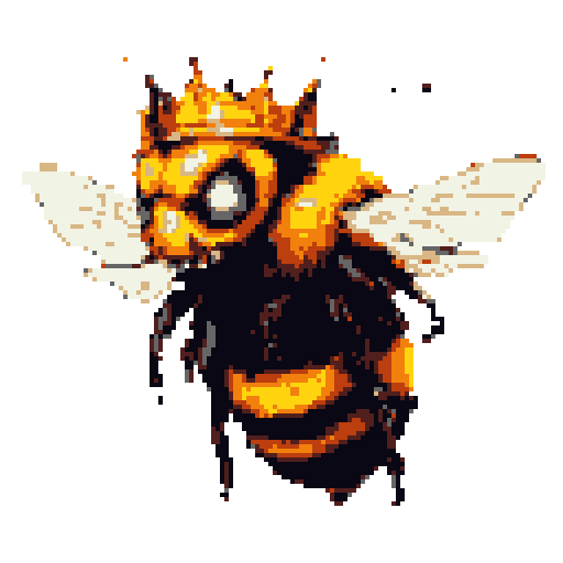 A pixelated bee, adorned with a golden crown, exudes a regal yet slightly menacing aura. Its stance and expression suggest a powerful and perhaps dangerous ruler.