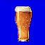 This pixel art image features a refreshing pint of beer, complete with a frothy head and visible carbonation. The golden-amber brew stands out against a vibrant blue backdrop, creating a simple yet striking visual.