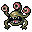 This pixel art showcases a retro-style, olive-green monster with three eerie, multi-colored eyes and a gaping, toothy maw. Its unsettling design and limited color palette create a classic video game enemy vibe.