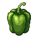 A pixelated green bell pepper stands tall, its simple design brought to life with subtle shading and a natural color palette. The vibrant vegetable is captured in a clear, straightforward depiction.
