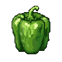 This pixel art image showcases a vibrant green bell pepper, rendered with careful shading and realistic detail against a stark black background. The simple, focused composition highlights the pepper's form and color in a purely descriptive style.