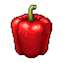 This pixel art showcases a vibrant red bell pepper, rendered in realistic detail against a stark black background. The simple yet striking image captures the pepper's form and color with various shades of red and green.