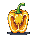 This pixel art image showcases a vibrant, sliced yellow bell pepper, its inner details meticulously rendered in warm tones. Isolated against a stark black background, the pepper's simple presentation highlights its form and texture.