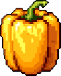 This pixel art depicts a ripe, yellow-orange bell pepper with a vibrant green stem, rendered in a charming, retro style. The simple design and warm colors evoke a nostalgic feel.