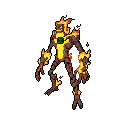 This pixel art features Heatblast from Ben 10 in a dynamic pose, showcasing his fiery form with vibrant orange, yellow, and brown hues, and the iconic Omnitrix symbol. The pixelated style and ember details capture the character's energetic and powerful nature.