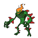A menacing, plant-like monster with fiery hair and spiky protrusions crouches in a defensive stance, its chest marked by a distinct hourglass symbol. The pixel art's dark green and red palette, punctuated by vibrant orange, amplifies the creature's intense and aggressive aura.