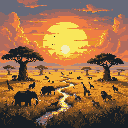 This pixel art image captures a vibrant savanna sunset, showcasing silhouetted African wildlife including elephants, giraffes, and a lion against a radiant, colorful sky. The scene evokes a sense of serene majesty and the timeless beauty of the African landscape.