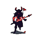 A demonic, horned figure shreds on a brightly colored electric guitar against a black void, emanating raw energy with every pixel. This monstrous musician embodies a playful yet ominous rock-and-roll spirit.