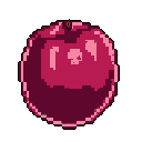 A stylized pixel art cherry/plum pops against a stark black background, its magenta and pink hues reminiscent of classic video game item sprites. The fruit's smooth, reflective surface is captured with simple highlights, creating a nostalgic and iconic image.