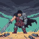 A pixel art warrior stands resolute on a ravaged battlefield, broadsword in hand, embodying strength and resilience amidst a somber, desaturated landscape. The character's tattered cloak and segmented armor hint at a recent conflict and their role as a formidable fighter.