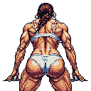 This pixel art showcases a powerfully built woman from the back, her sculpted muscles highlighted by a muted palette against a stark black background. She embodies strength and discipline, poised as if ready to lift or exert immense force. The image is a focused character study celebrating the extreme limits of the human physique.