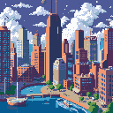 A sprawling pixel art cityscape dominates the frame at twilight, featuring terracotta buildings, a winding river with boats, and a bridge. The scene captures a serene yet lively blend of urban energy under a vast, cloudy sky dotted with stars.