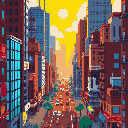 A vibrant pixel art cityscape captures the hustle and bustle of urban life from a high vantage point. The warm color palette and retro style evoke a sense of nostalgia while showcasing a detailed and lively urban scene under a bright sky.