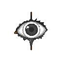A stark pixel art image features a single, disembodied eye staring intently forward against a black void. The monochromatic palette and subtle brown accents create a mysterious and unsettling vibe, leaving the viewer feeling watched.