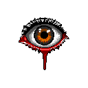 This pixel art image depicts a single, wide-open eye bleeding with vivid red streaks, creating an ominous and unsettling mood. The warm tones of the iris starkly contrast with the pale sclera and the surrounding black void, emphasizing the visceral nature of the image.