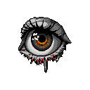 This striking pixel art features a sorrowful eye with a glowing orange iris, its intense gaze and dripping red elements creating a melancholic and slightly unsettling image. The detailed grayscale rendering contrasts sharply with the vibrant colors, lending a futuristic yet distressed aesthetic.
