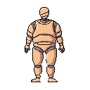 This pixel art features a segmented, mannequin-like figure with a wrapped head, standing silently in a neutral pose. The muted color palette and obscured features create a slightly eerie and intriguing image.