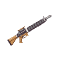 A pixel art rifle, rendered in grayscale with brown and gold accents, is presented in sharp detail. The weapon's diagonal placement and stark black background emphasize its technical, utilitarian design.