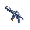 This pixel art showcases an isometric submachine gun in cool grays and blues, rendered with tactical realism. The detailed weapon design emphasizes its potential force.