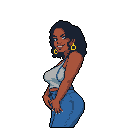 This pixel art portrait captures a confident woman in a dynamic pose, smiling over her shoulder with bold style. Her vibrant color palette and modern crop top and jeans give her a playful yet self-assured vibe.