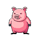 This pixel art features a cute, upright cartoon pig with a cheerful expression, rendered in harmonious shades of pink against a stark black background. Its relaxed posture and simple design evoke a feeling of lightheartedness.