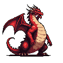 A proud, red dragon stands tall in striking pixel art, its wings partially unfurled in a display of power. The bold color palette and upright posture evoke a sense of fantasy and dominance.