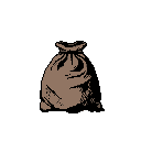 A simple pixel art image depicts a crumpled burlap sack tied at the top, rendered in dark brown against a stark black background. The minimalist style and muted palette evoke a rustic, storage-focused feel.