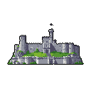 This pixel art showcases a weathered, top-down view of a medieval stone castle with towers, walls, and grassy grounds. The muted color palette evokes a sense of historical significance and hints at a fantasy adventure.