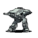 A battle-ready, gray-toned mech stands poised with a weapon mounted on its torso, exuding power and a sense of foreboding.